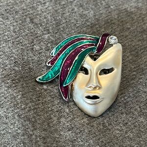 Mardi Gras Silvertone Enameled Mask Lapel Pin